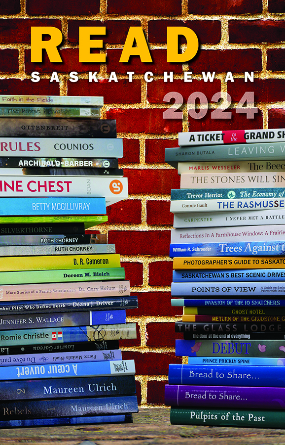 Read Saskatchewan 2024 Cover Image - 2 side by side large vertical stacks of books with spines facing out in front of a brick wall.